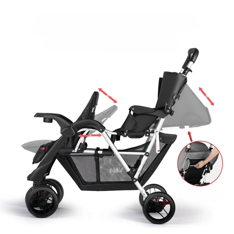 Luxury Double Stroller Folding Portable Twin Baby Stroller Lying and Seating Shock Absorption Newborn Double Seat Strollers