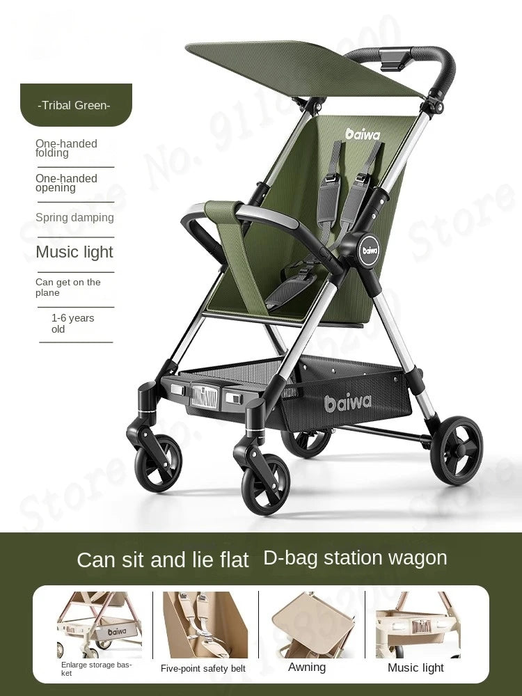 Lightweight Carry-on Stroller One-handed Foldable with Music Light Canopy for Babies Travel Awning Sitting and Lying Stroller