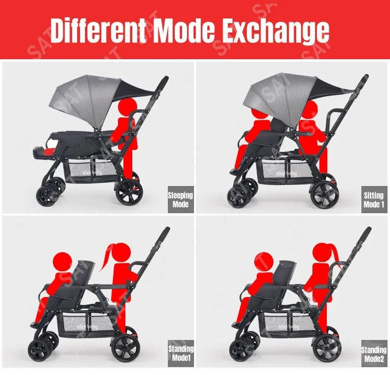 Special Design for Two Babies Family Trolley Double Seat Various Mode Baby Carriage Convenient Light Weight Baby Stroller