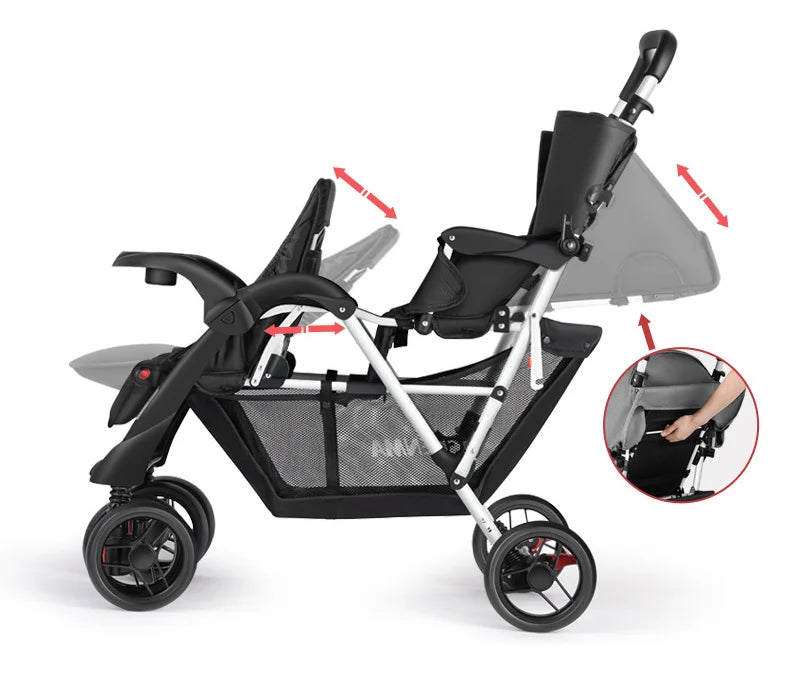 Luxury Double Stroller Folding Portable Twin Baby Stroller Lying and Seating Shock Absorption Newborn Double Seat Strollers