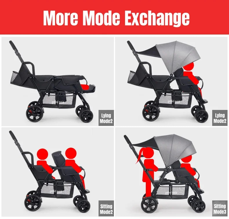 Special Design for Two Babies Family Trolley Double Seat Various Mode Baby Carriage Convenient Light Weight Baby Stroller