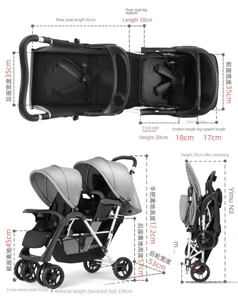 Luxury Double Stroller Folding Portable Twin Baby Stroller Lying and Seating Shock Absorption Newborn Double Seat Strollers