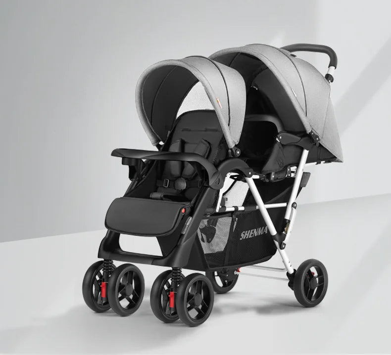 Luxury Double Stroller Folding Portable Twin Baby Stroller Lying and Seating Shock Absorption Newborn Double Seat Strollers