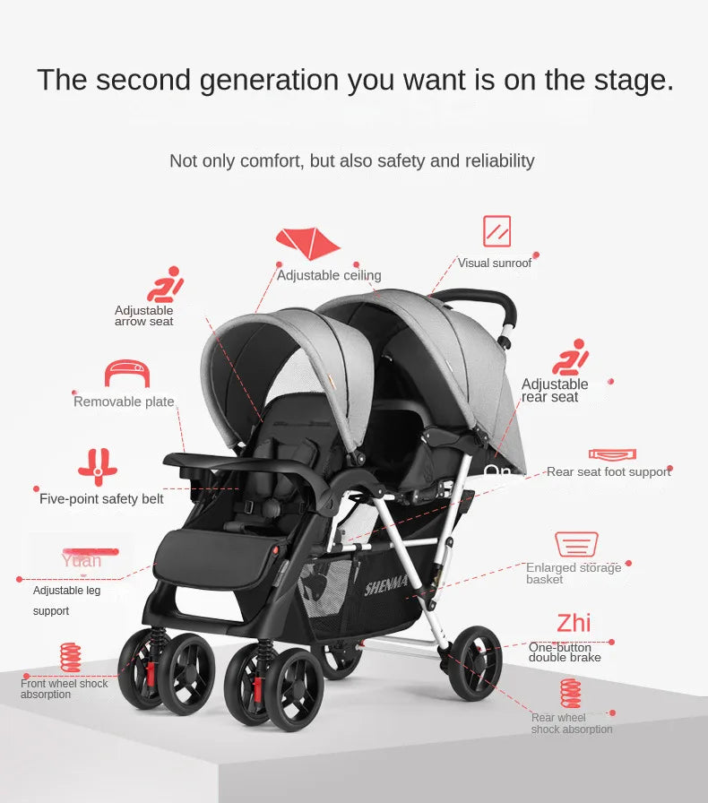 Luxury Double Stroller Folding Portable Twin Baby Stroller Lying and Seating Shock Absorption Newborn Double Seat Strollers