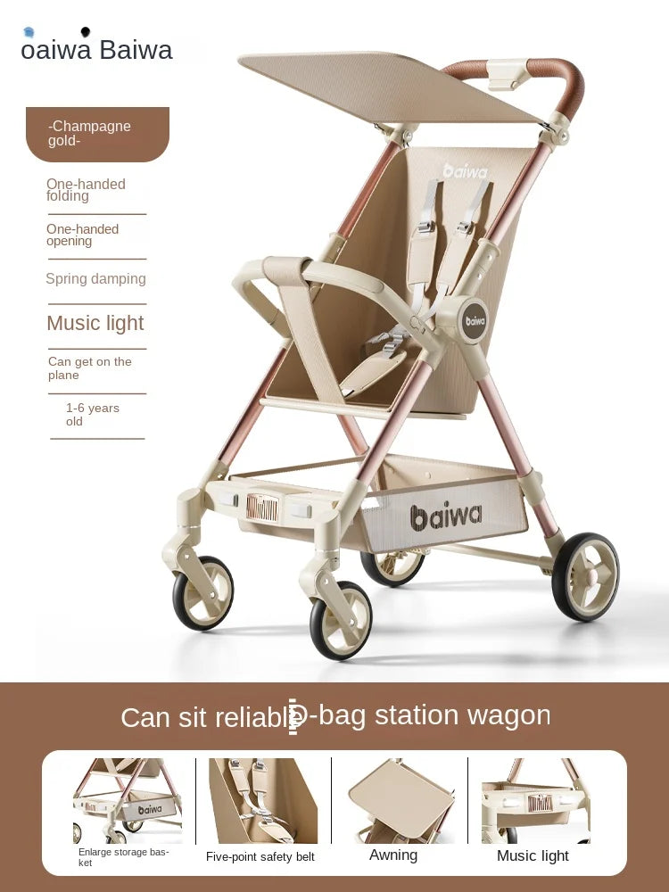 Lightweight Carry-on Stroller One-handed Foldable with Music Light Canopy for Babies Travel Awning Sitting and Lying Stroller