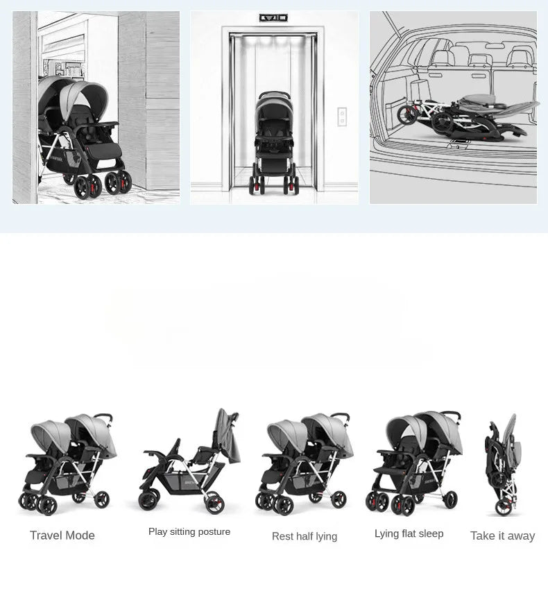 Luxury Double Stroller Folding Portable Twin Baby Stroller Lying and Seating Shock Absorption Newborn Double Seat Strollers