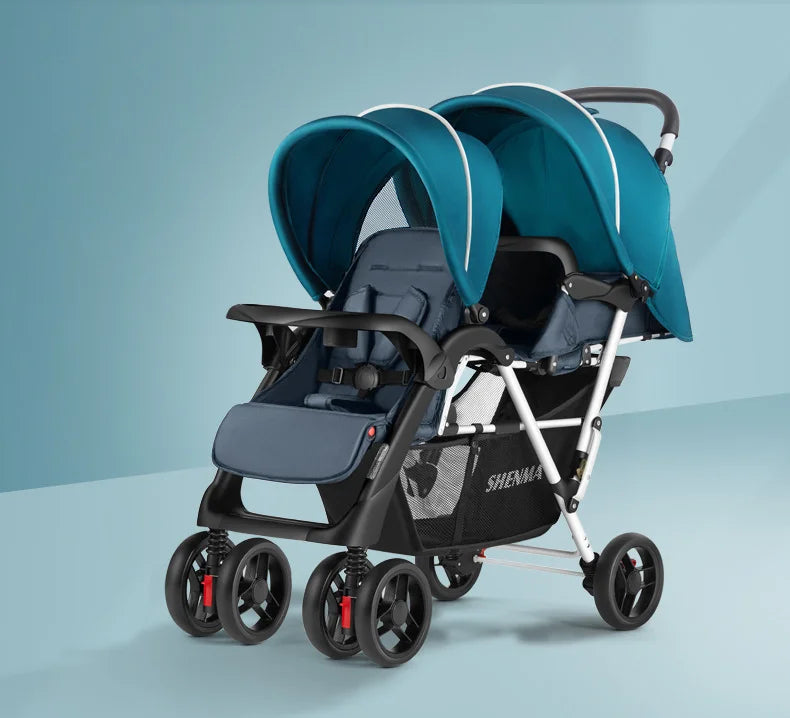 Luxury Double Stroller Folding Portable Twin Baby Stroller Lying and Seating Shock Absorption Newborn Double Seat Strollers