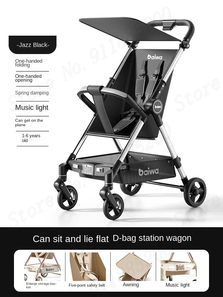 Lightweight Carry-on Stroller One-handed Foldable with Music Light Canopy for Babies Travel Awning Sitting and Lying Stroller