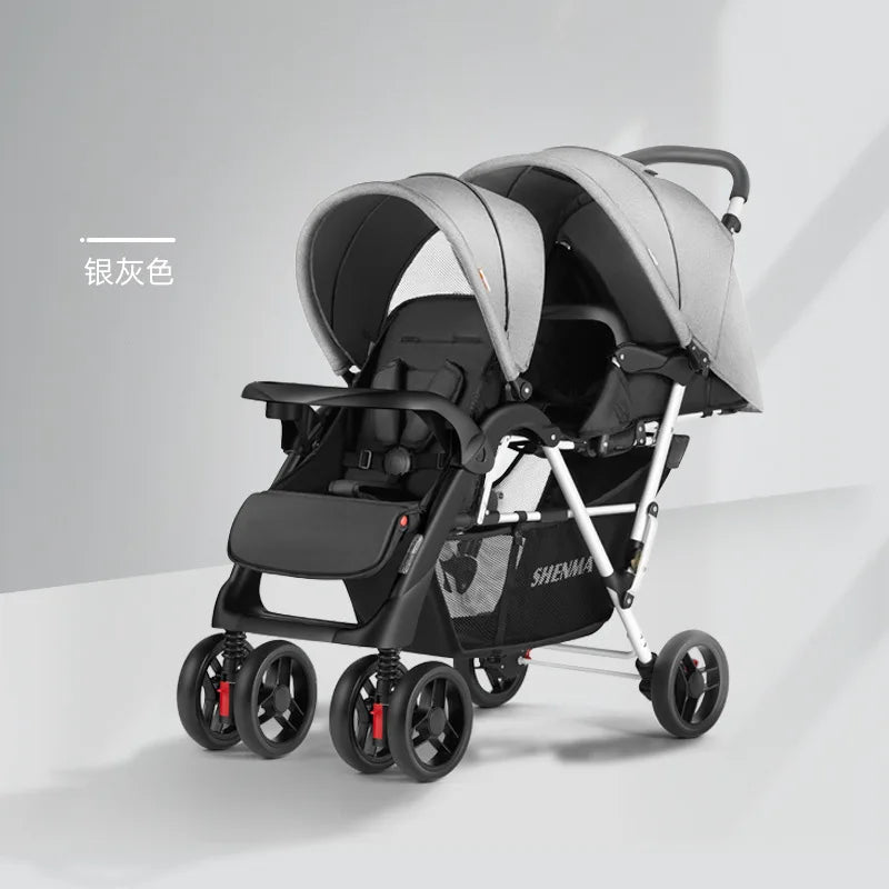 Luxury Double Stroller Folding Portable Twin Baby Stroller Lying and Seating Shock Absorption Newborn Double Seat Strollers