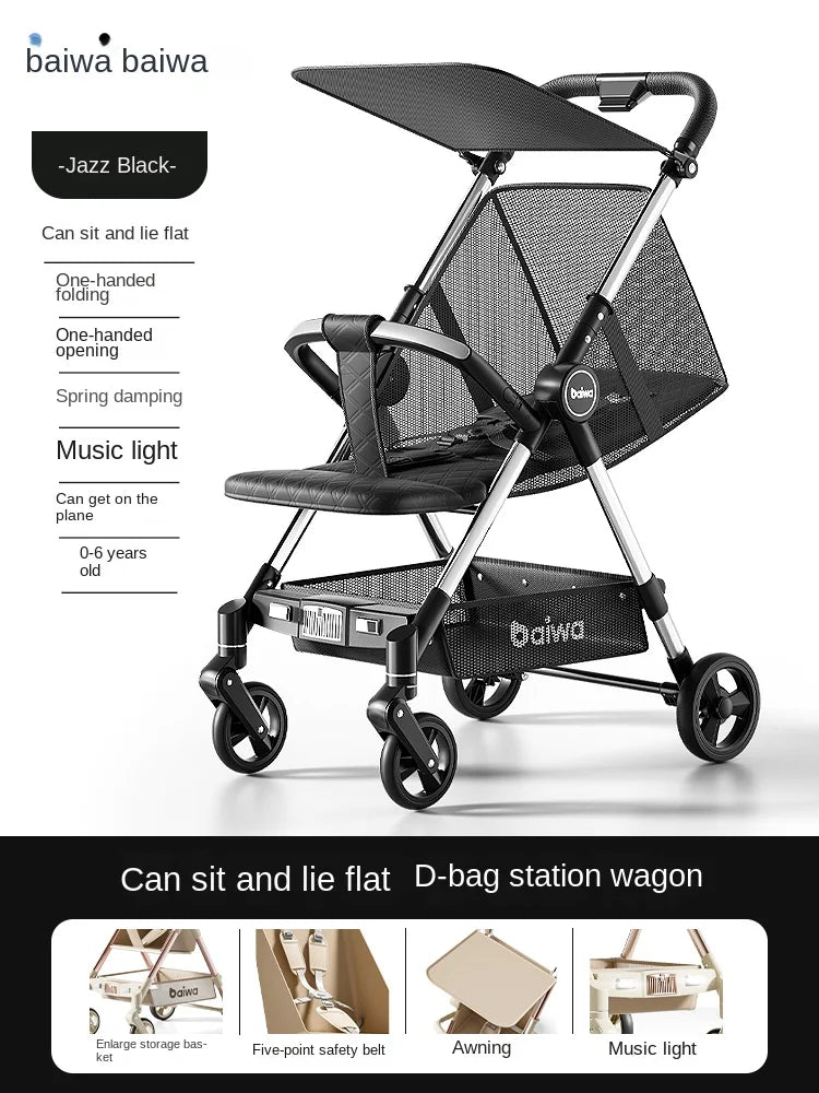 Lightweight Carry-on Stroller One-handed Foldable with Music Light Canopy for Babies Travel Awning Sitting and Lying Stroller