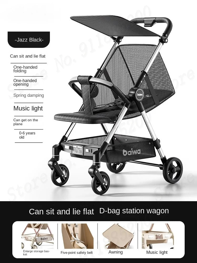 Lightweight Carry-on Stroller One-handed Foldable with Music Light Canopy for Babies Travel Awning Sitting and Lying Stroller