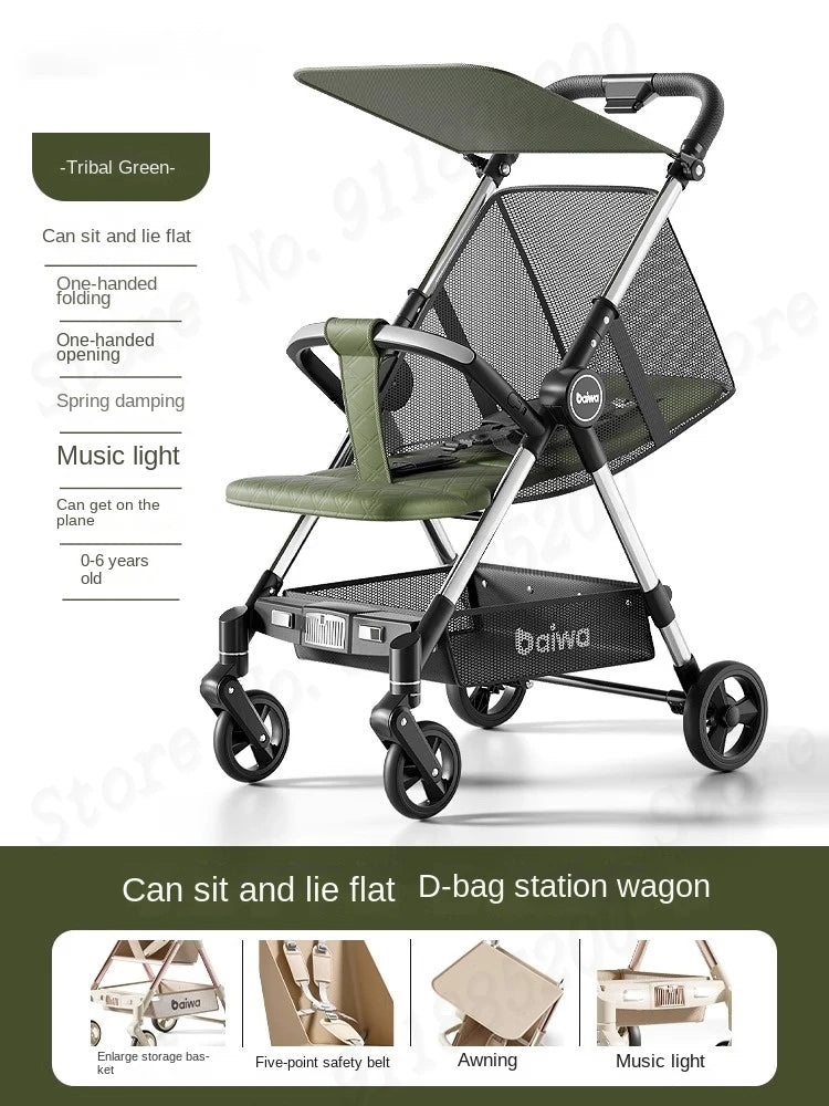 Lightweight Carry-on Stroller One-handed Foldable with Music Light Canopy for Babies Travel Awning Sitting and Lying Stroller