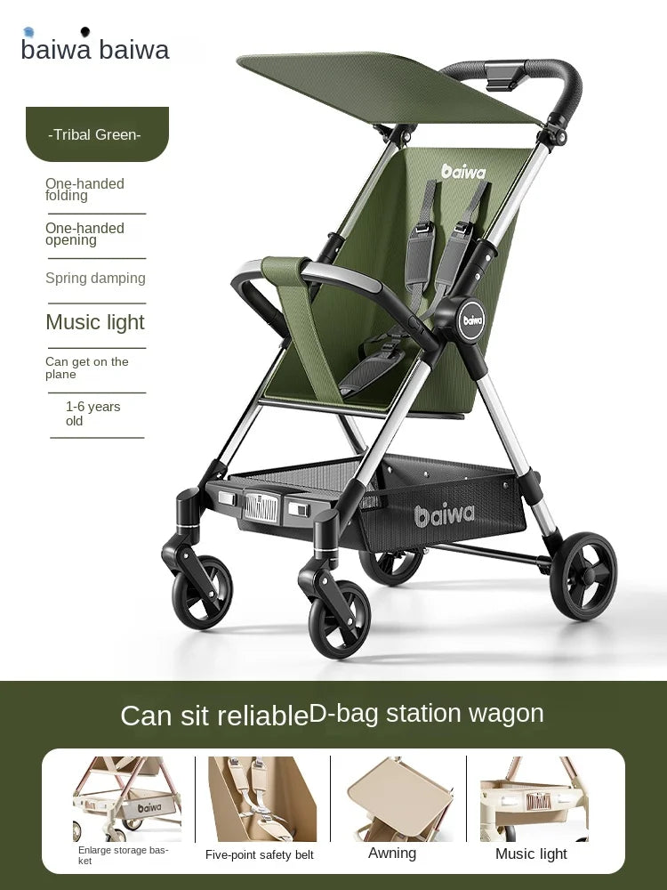 Lightweight Carry-on Stroller One-handed Foldable with Music Light Canopy for Babies Travel Awning Sitting and Lying Stroller